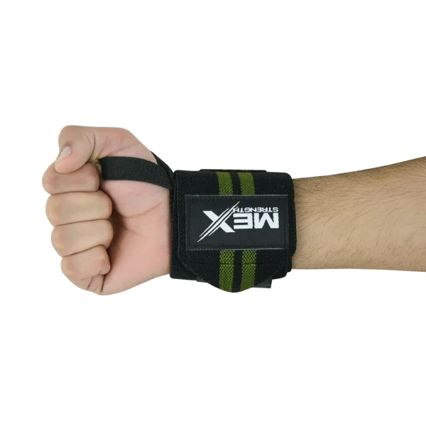 Green wrist wraps for weightlifting support