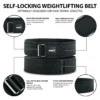 infographics of black nylon weightlifting belt with quick release feature