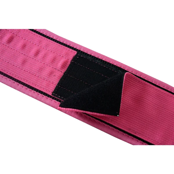 detailed view of pink weightlifting nylon quick release belt