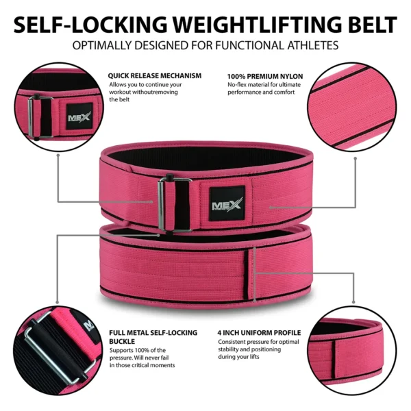 infographics of pink nylon quick release belt designed for weightlifting