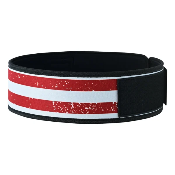 Neoprene weightlifting belt with 4 inch width and USA flag print featuring self-locking design